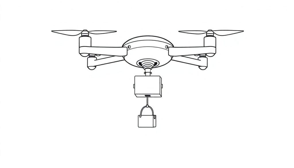 Eenvoudige lijntekening van een drone met propellers en een hangend pakketje, ideaal om in te kleuren.