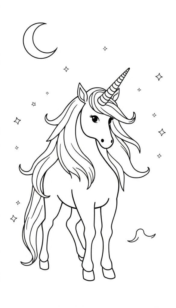 Kleurplaat van een eenhoorn met spiraalvormige hoorn, lange manen en staart, vriendelijke ogen, vier poten en hoeven, op een witte achtergrond met een halve maan en sterretjes.
