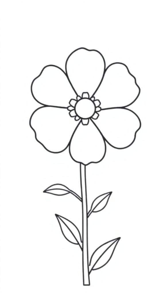 Kleurplaat van een eenvoudige bloem met vijf afgeronde bloemblaadjes, een gedetailleerd bloemhart, een rechte steel en vijf ovale bladeren, getekend in zwart-wit op een witte achtergrond.