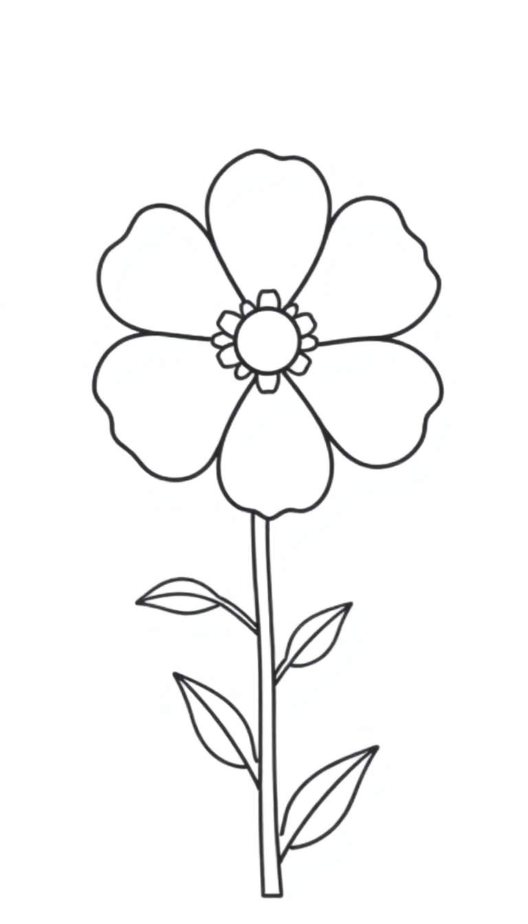 Kleurplaat van een eenvoudige bloem met vijf afgeronde bloemblaadjes, een gedetailleerd bloemhart, een rechte steel en vijf ovale bladeren, getekend in zwart-wit op een witte achtergrond.