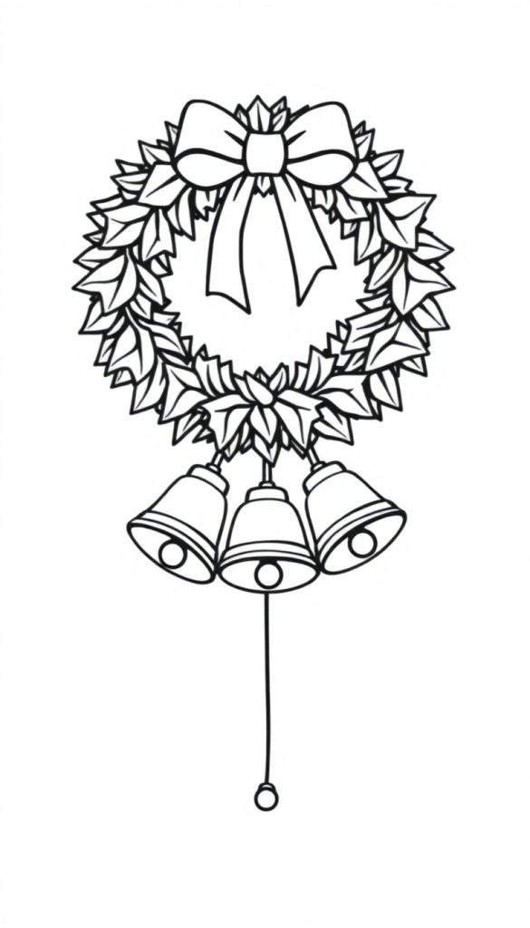 Zwart-wit lijntekening van een feestelijke kerstkrans met bladeren, een strik bovenaan en drie bellen onderaan. Een touwtje met een kraaltje hangt aan de middelste bel.