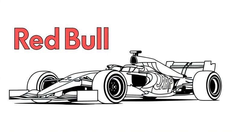 Lijntekening van een Red Bull Formule 1-auto, klaar om ingekleurd te worden. Tekst 'Red Bull' staat linksboven.