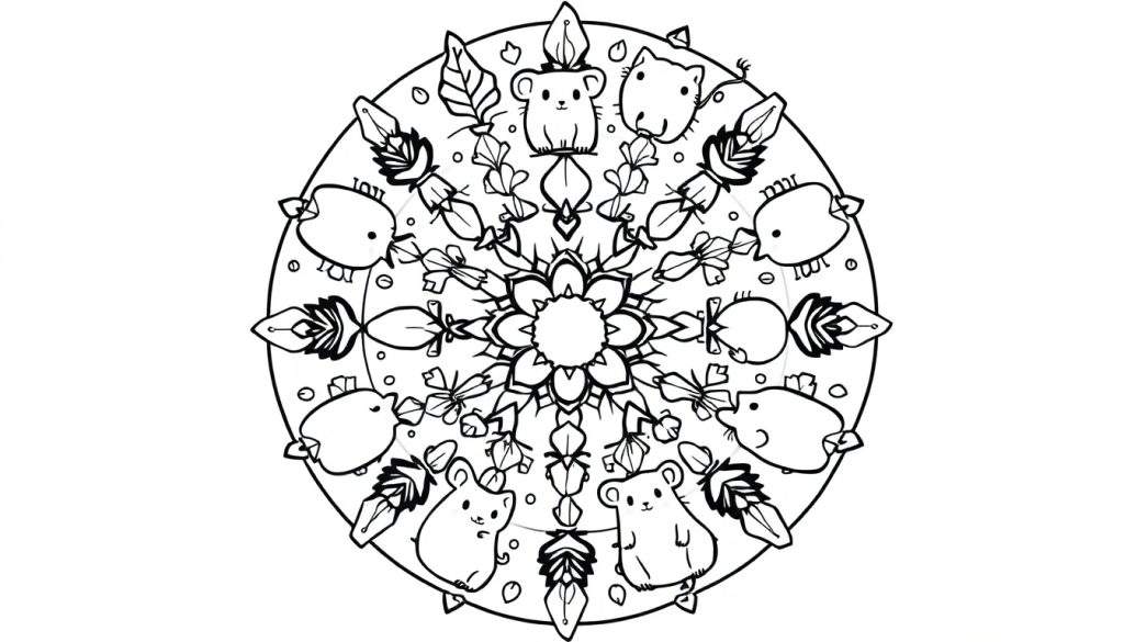 Een zwart-wit lijntekening van een gedetailleerde mandala met een bloem in het midden, omringd door plantmotieven en acht kleine, schattige knaagdieren in de buitenste ring.