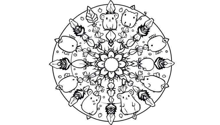 Een zwart-wit lijntekening van een gedetailleerde mandala met een bloem in het midden, omringd door plantmotieven en acht kleine, schattige knaagdieren in de buitenste ring.