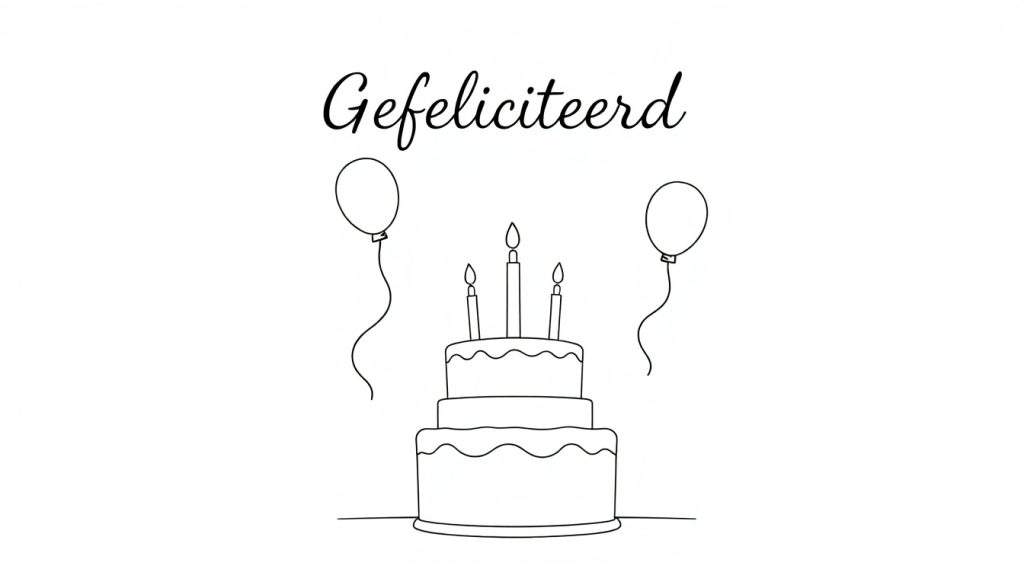 Kleurplaat van een verjaardagstaart met drie brandende kaarsjes en ballonnen, met de tekst 'Gefeliciteerd'. Zwart-wit lijntekening.