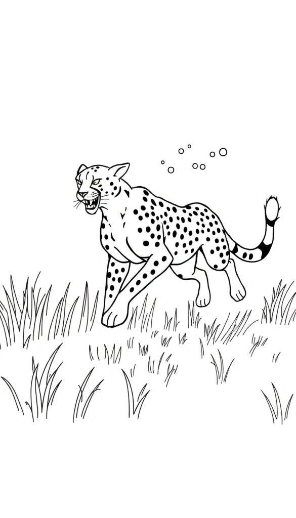 Kleurplaat van een rennende cheetah met zwarte stippen, gele ogen en zichtbare tanden, met gras op de achtergrond.