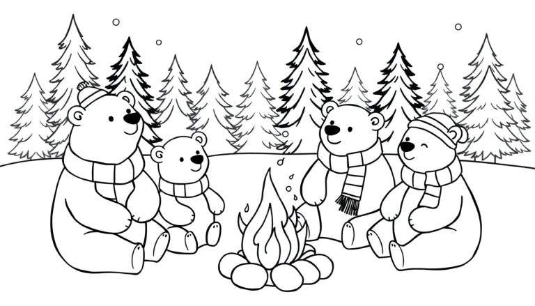 Kleurplaat: vier vrolijke beren, twee volwassenen en twee jongen, zittend rond een kampvuur in een besneeuwd dennenbos. De beren dragen gestreepte sjaals en sommigen ook mutsen.