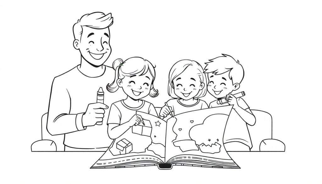 Een zwart-wit kleurplaat van een man en drie kinderen die samen tekenen in een boek. Ze lachen allemaal en houden kleurpotloden vast.