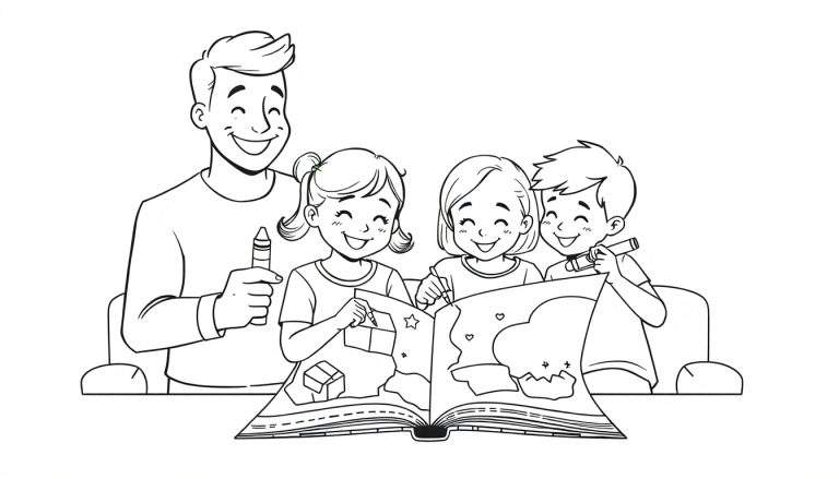 Een zwart-wit kleurplaat van een man en drie kinderen die samen tekenen in een boek. Ze lachen allemaal en houden kleurpotloden vast.