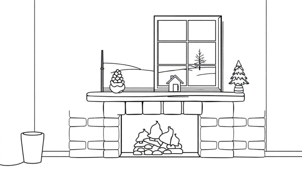 Zwart-witte kleurplaat van een gezellig interieur met open haard, schoorsteenmantel met kerstdecoraties en een winterlandschap door het raam.