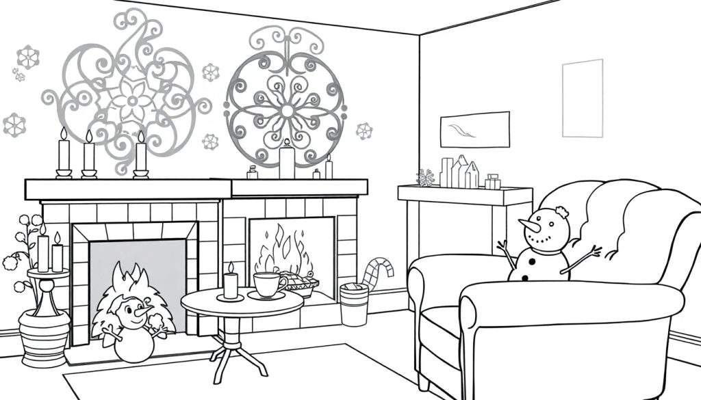 Kleurplaat van een warme woonkamer in winterse stijl met open haarden, sneeuwpop, kaarsen en decoraties.