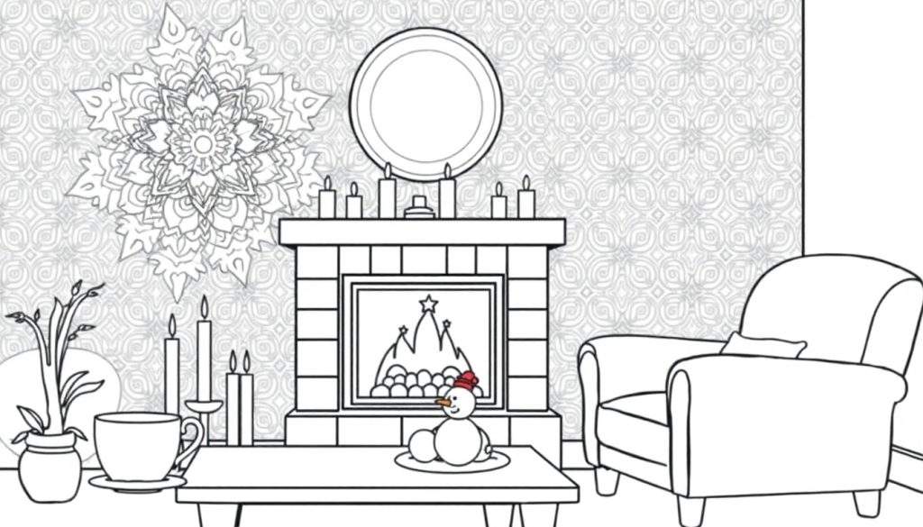 Zwart-wit kleurplaat van een gezellige woonkamer met kerstsfeer, inclusief schoorsteen, sneeuwpop, plant en fauteuil.