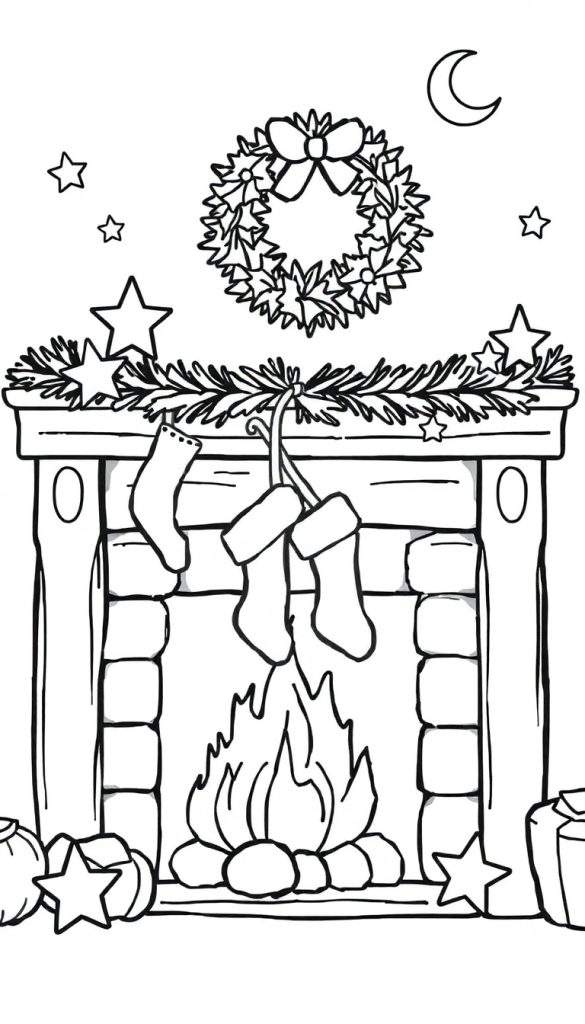 Zwart-wit tekening van een kersttafereel met een open haard, kerstsokken, een krans, cadeautjes, sterren en een maan, geschikt als kleurplaat.