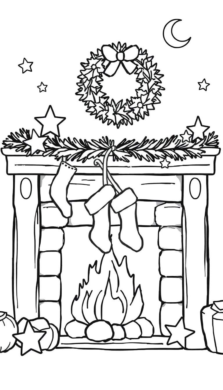 Zwart-wit tekening van een kersttafereel met een open haard, kerstsokken, een krans, cadeautjes, sterren en een maan, geschikt als kleurplaat.