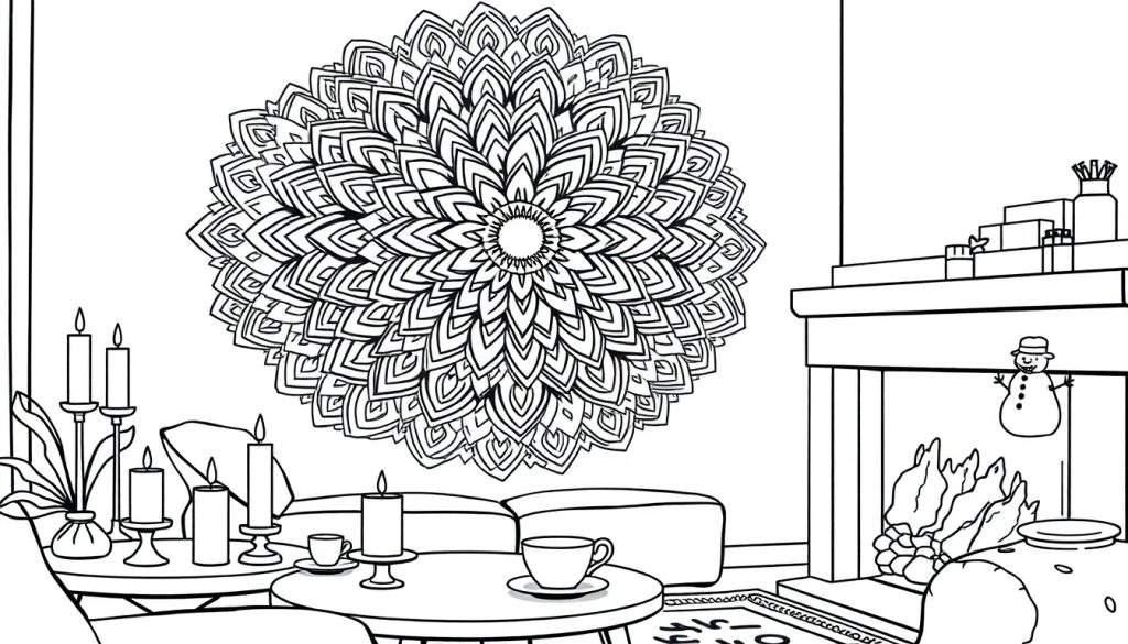 Zwart-wit lijntekening van een gezellige woonkamer kleurplaat met mandala, haardvuur, sneeuwpop, kaarsen en cadeautjes.