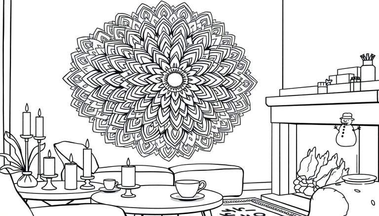 Zwart-wit lijntekening van een gezellige woonkamer kleurplaat met mandala, haardvuur, sneeuwpop, kaarsen en cadeautjes.