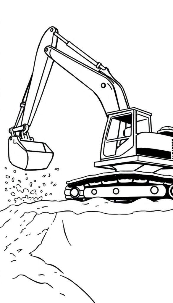 Zwart-witte lijntekening van een rupsgraafmachine die aan het graven is, met aarde die uit de bak valt.