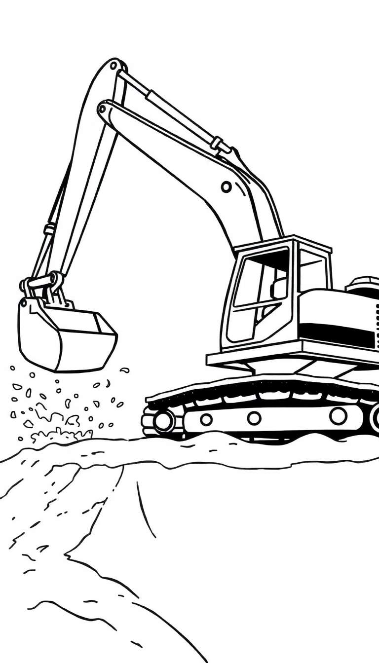 Zwart-witte lijntekening van een rupsgraafmachine die aan het graven is, met aarde die uit de bak valt.