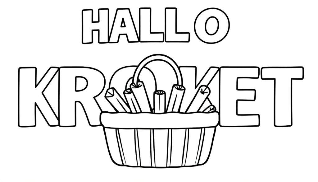 Zwart-wit kleurplaat met de tekst HALLO KROKET, waarbij kroketten in een mandje de letters O en K vormen.