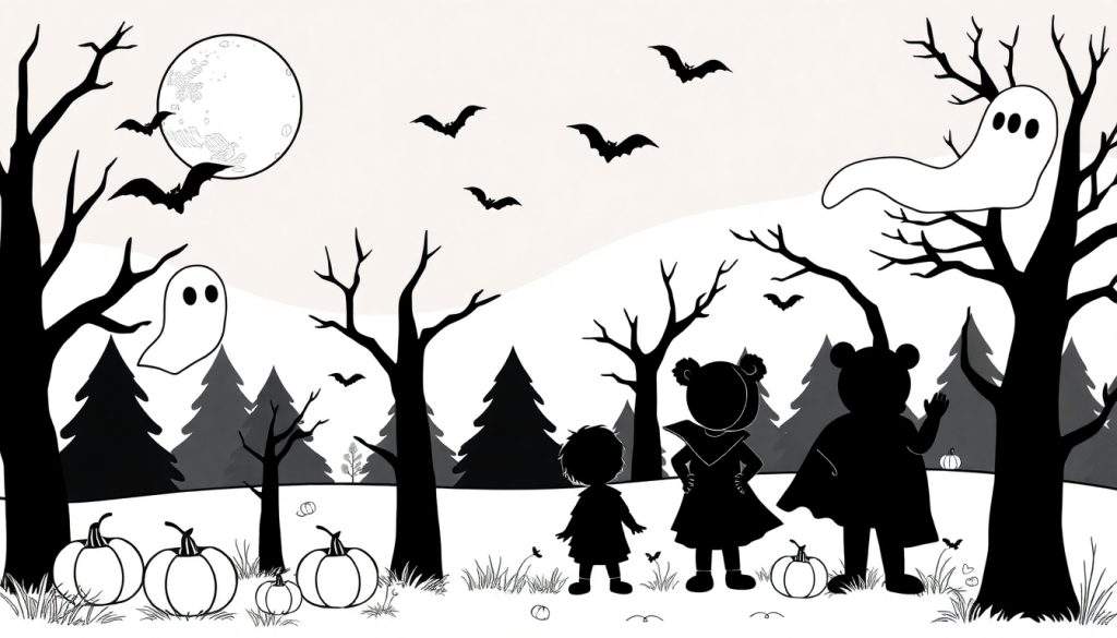 Zwart-wit Halloween kleurplaat met een volle maan, vleermuizen, kale bomen, twee spoken, drie kinderen in silhouet (één met cape en berenoren) en pompoenen op de grond.