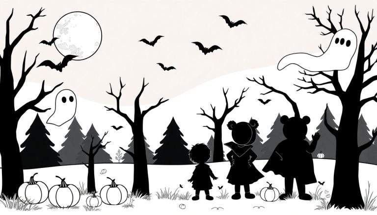 Zwart-wit Halloween kleurplaat met een volle maan, vleermuizen, kale bomen, twee spoken, drie kinderen in silhouet (één met cape en berenoren) en pompoenen op de grond.