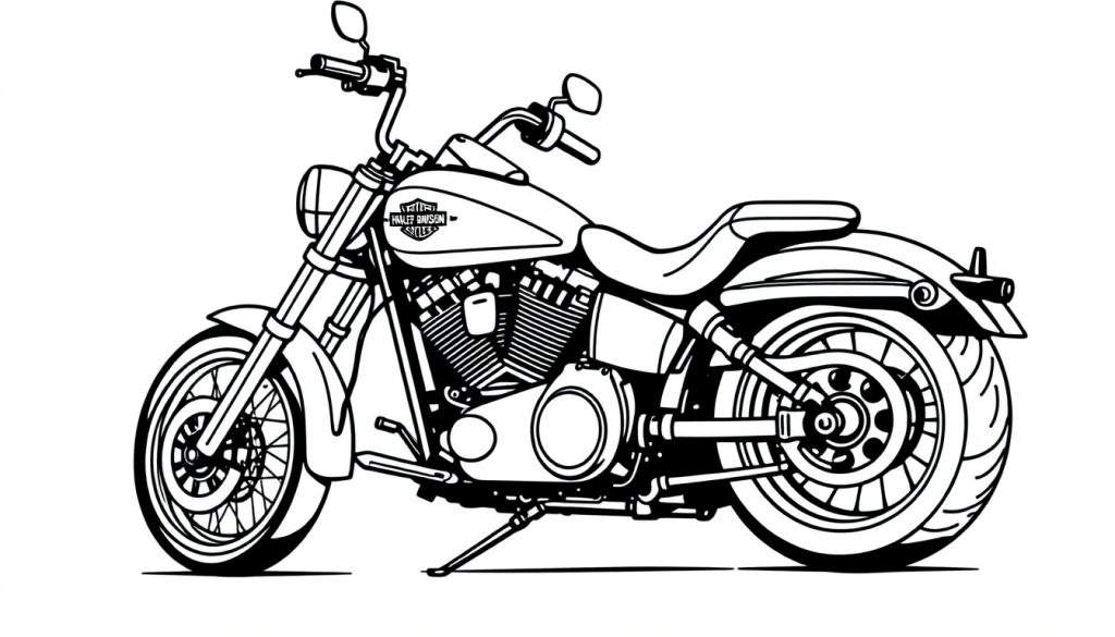 Zwart-wit lijntekening van een gedetailleerde Harley Davidson motorfiets in zijaanzicht, staand op de zijstandaard, met het 'HARLEY DAVIDSON CYCLES' logo op de tank.