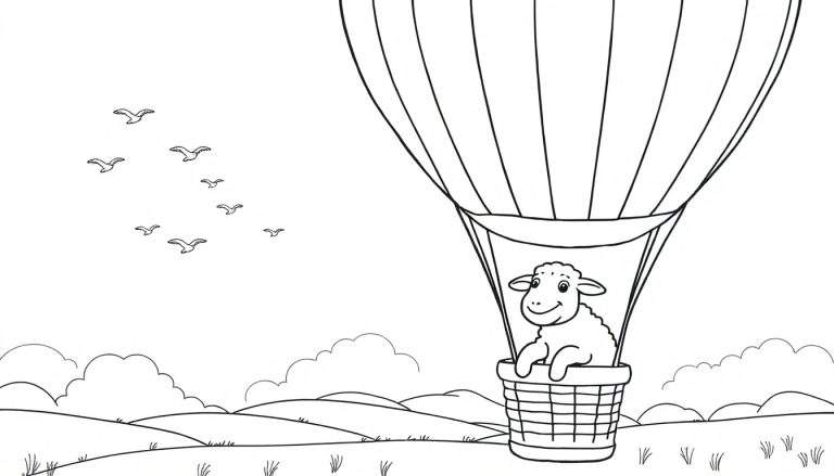 Kleurplaat van een heteluchtballon met een schaap in de mand, vogels en een heuvelachtig landschap.