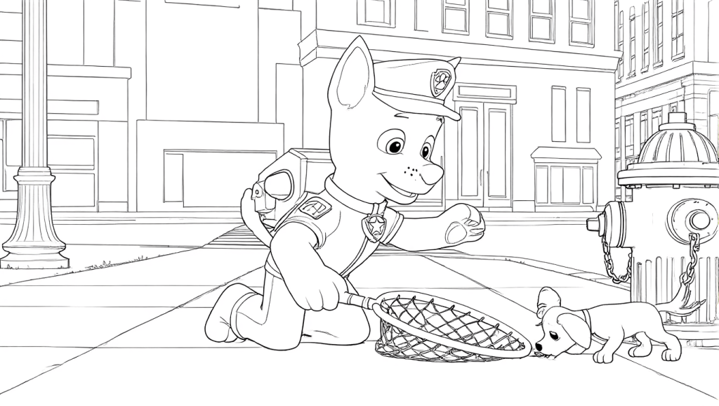 Kleurplaat van Chase van Paw Patrol, een politiehond in uniform, die op zijn knieën zit met een net, gericht op een kleine puppy die op de stoep snuffelt in een stadse omgeving met gebouwen, lantaarnpaal en brandkraan.
