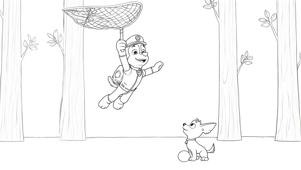 Zwart-wit kleurplaat van Paw Patrol's Chase die met een vangnet zweeft, terwijl een kleinere hond op de grond toekijkt in een bosrijke omgeving.