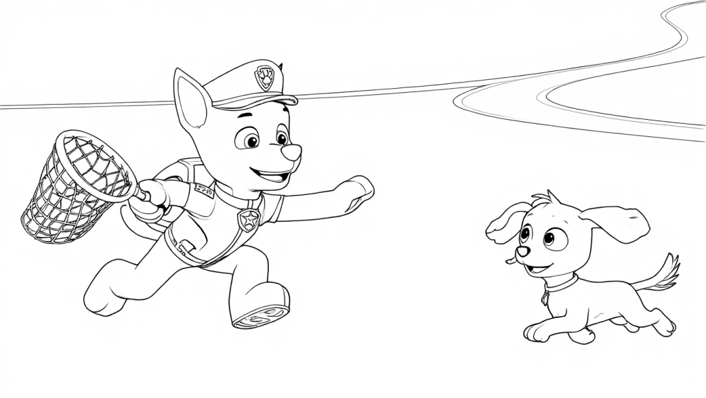 Kleurplaat van Paw Patrol's Chase in politie-uniform die rent met een vangnet, samen met een kleine, blije puppy met hangoren die ook rent, tegen een achtergrond van een kronkelend pad. De honden lijken samen te spelen.