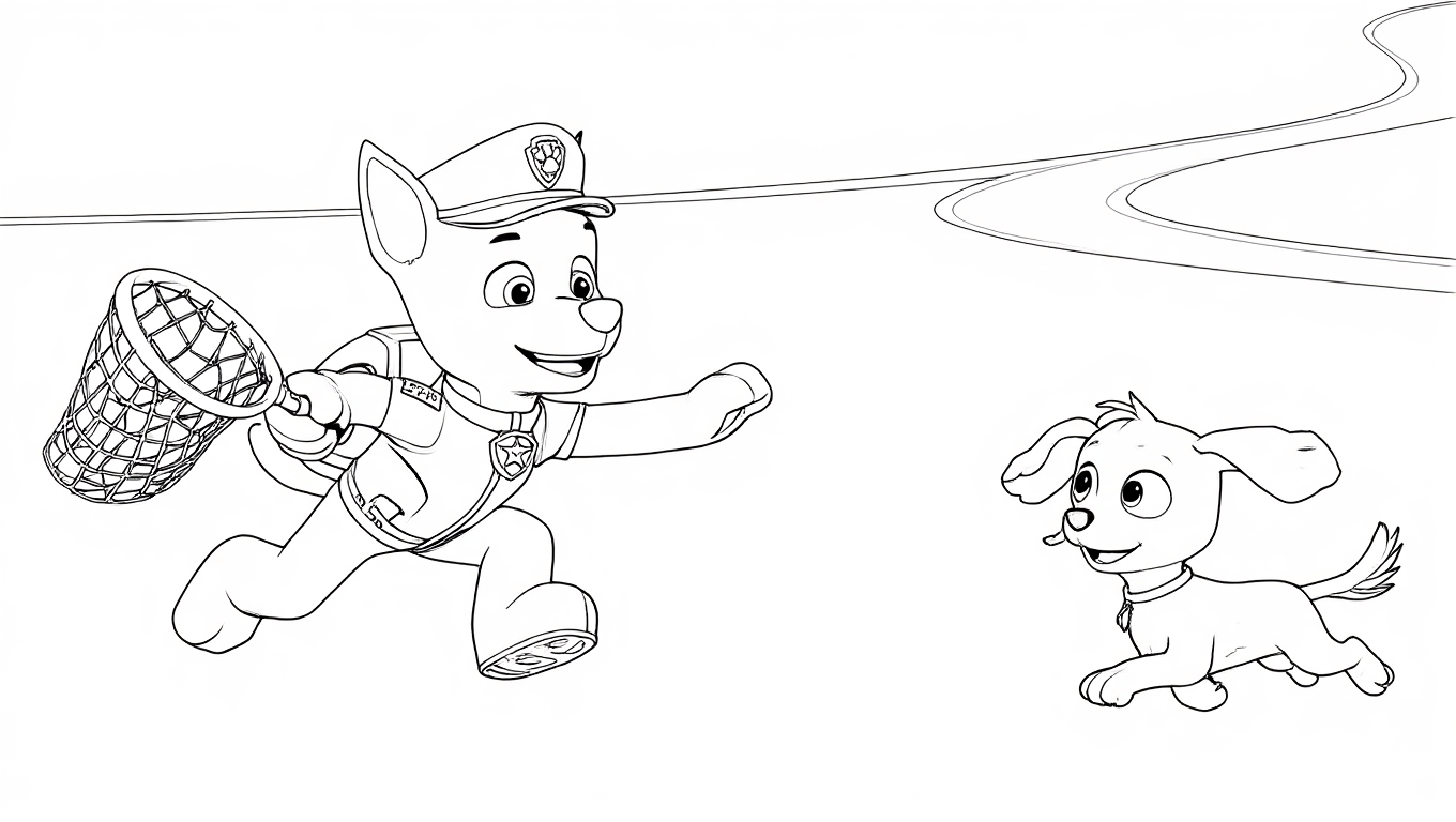 Kleurplaat van Paw Patrol's Chase in politie-uniform die rent met een vangnet, samen met een kleine, blije puppy met hangoren die ook rent, tegen een achtergrond van een kronkelend pad. De honden lijken samen te spelen.