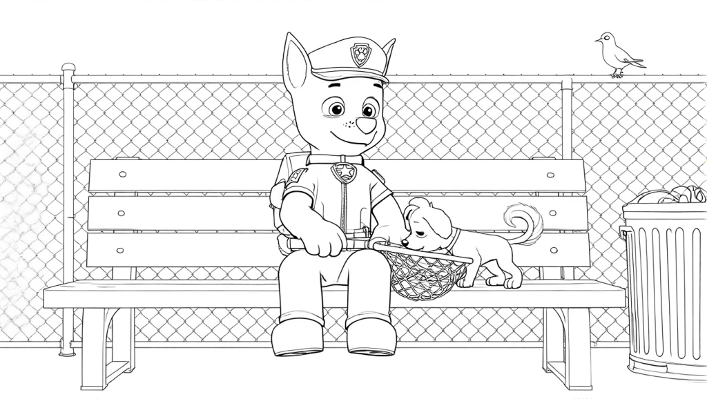 Zwart-wit kleurplaat van twee honden op een parkbankje: een politiehond met pet en schepnetje, en een puppy die in het net kijkt. Op de achtergrond een gaashek met vogel en een prullenbak.