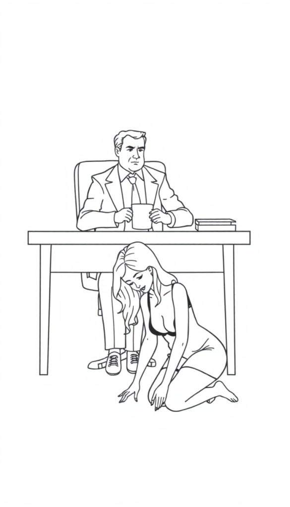 Zwart-wit kleurplaat van een kantoor met een man aan een bureau en een vrouw op de grond onder het bureau.