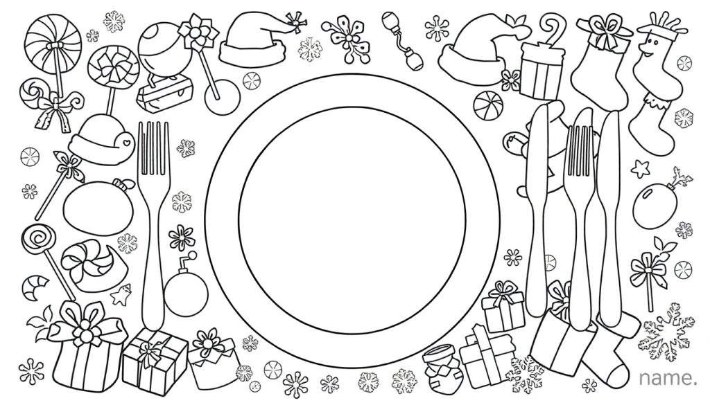 Zwart-witte lijntekening van een kerst placemat kleurplaat met een bord, bestek en veel kerstdecoraties.