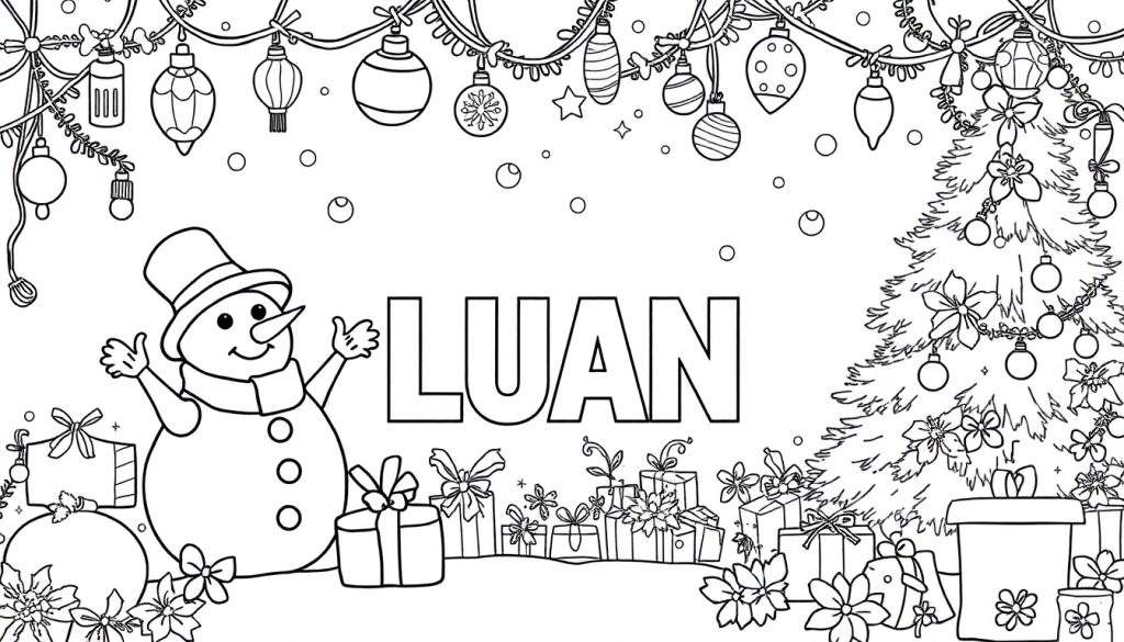 Zwart-wit kerst kleurplaat met de naam LUAN, een sneeuwpop, kerstboom, cadeautjes en kerstdecoraties.
