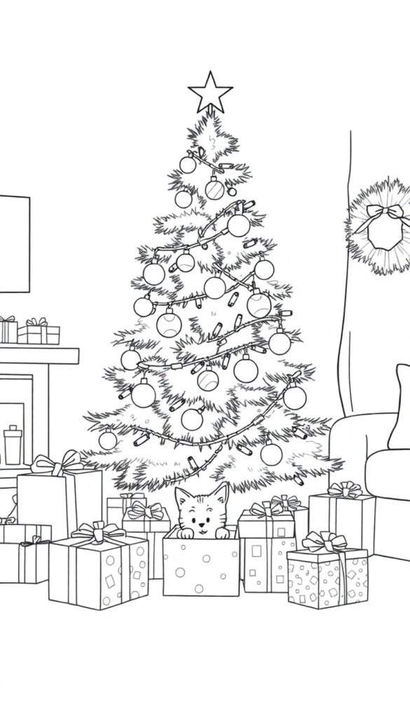 Zwart-witte lijntekening van een kersttafereel met een grote versierde kerstboom, veel cadeautjes, een nieuwsgierig katje, schoorsteenmantel, kerstkrans en een deel van een bank.