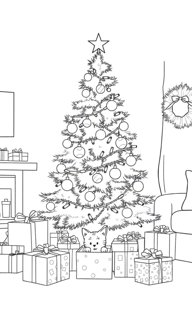 Zwart-witte lijntekening van een kersttafereel met een grote versierde kerstboom, veel cadeautjes, een nieuwsgierig katje, schoorsteenmantel, kerstkrans en een deel van een bank.