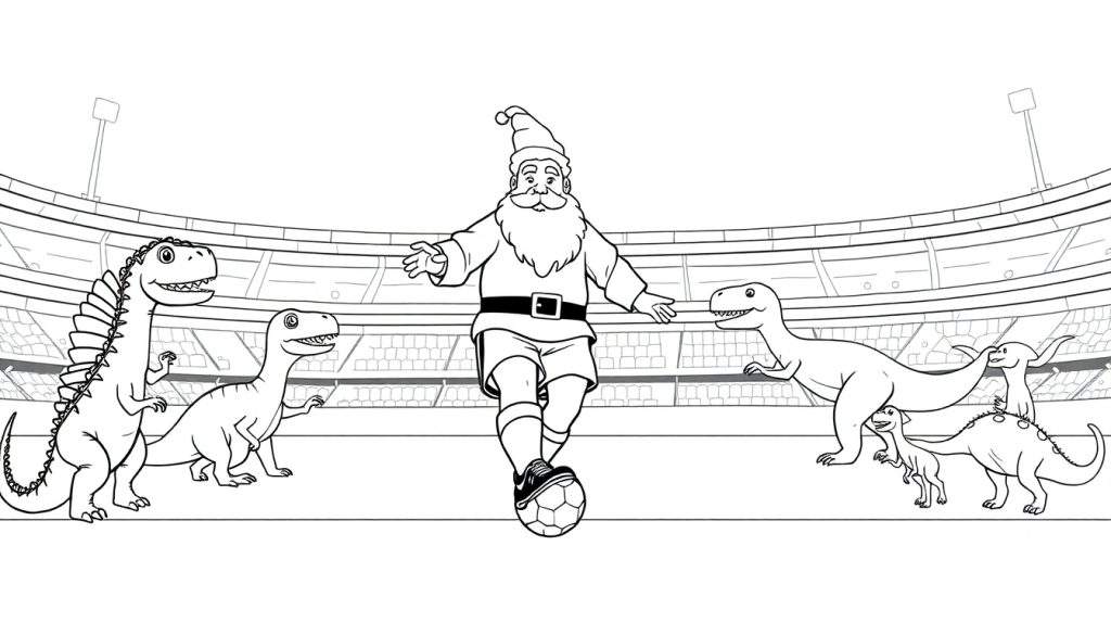 Zwart-wit tekening van de Kerstman die voetbalt met diverse dinosaurussen (Spinosaurus, T-Rex, etc.) in een voetbalstadion.