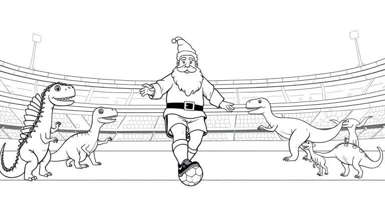 Zwart-wit tekening van de Kerstman die voetbalt met diverse dinosaurussen (Spinosaurus, T-Rex, etc.) in een voetbalstadion.