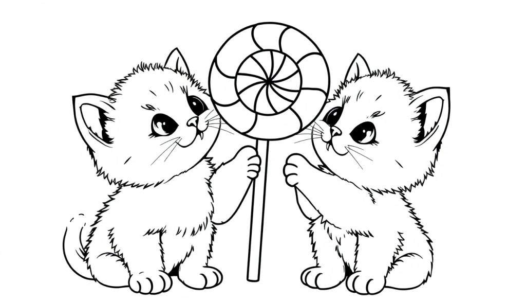 Kleurplaat met twee schattige kittens die samen een lolly vasthouden, met grote ogen en snorharen.