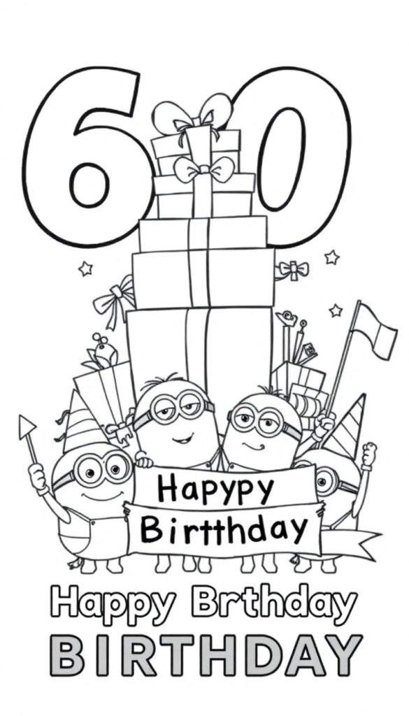 Kleurplaat van een 60e verjaardag met grote cijfers, cadeaus, en vrolijke Minions die een 'Hapypy Birtthday' spandoek vasthouden.