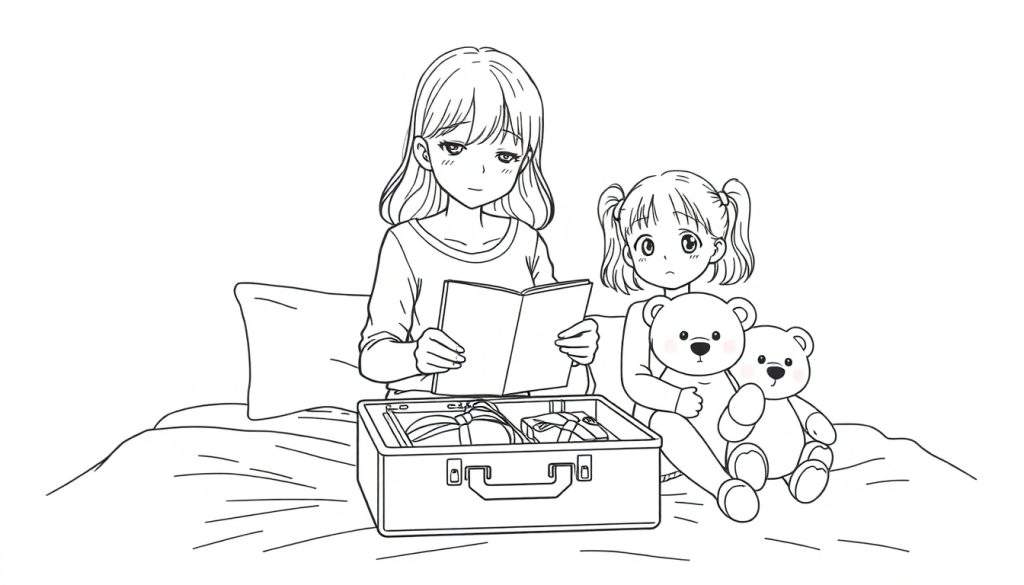 Kleurplaat van een anime-achtige slaapkamer met twee figuren op een bed. Een oudere vrouw leest een boek, een klein meisje houdt een teddybeer vast. Een open koffer staat ertussen.