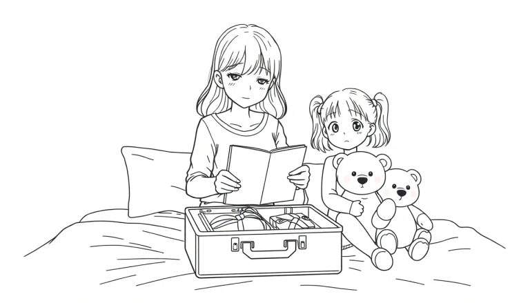 Kleurplaat van een anime-achtige slaapkamer met twee figuren op een bed. Een oudere vrouw leest een boek, een klein meisje houdt een teddybeer vast. Een open koffer staat ertussen.