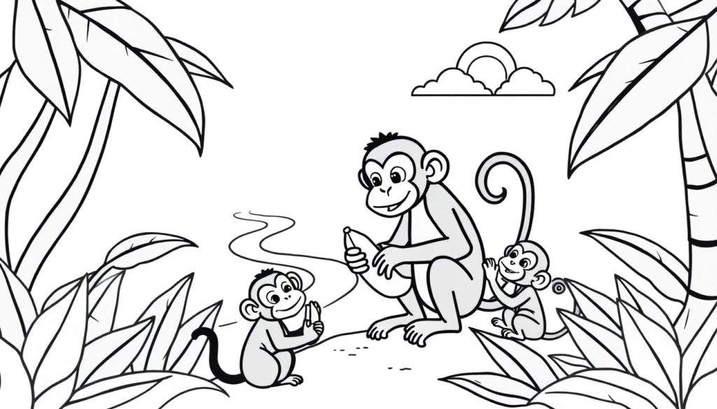 Kleurplaat van drie apen in een jungle: een grote aap deelt bananen met twee kleintjes, omringd door bladeren en planten, met een regenboog op de achtergrond.