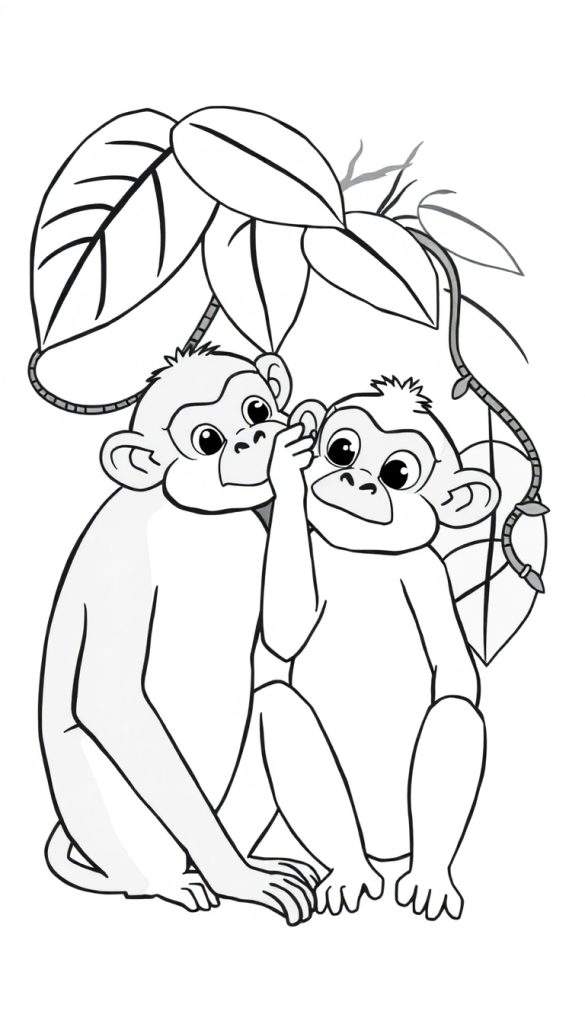 Kleurplaat van twee schattige apen, waarvan er één een geheim fluistert in het oor van de ander, zittend op de grond onder junglebladeren.