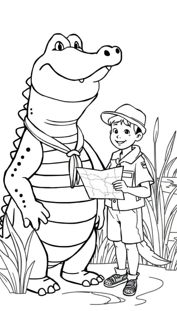 Zwart-wit kleurplaat van een glimlachende krokodil met sjaal en een jongen met avonturiershoed en kaart, staand in een moeraslandschap.