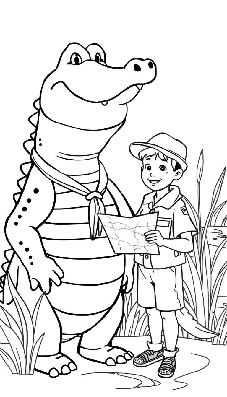 Zwart-wit kleurplaat van een glimlachende krokodil met sjaal en een jongen met avonturiershoed en kaart, staand in een moeraslandschap.