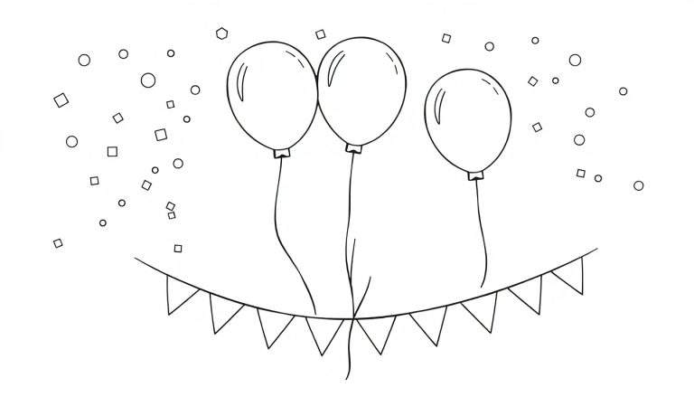 Zwart-wit kleurplaat met drie ballonnen, een vlaggenlijn en confetti.