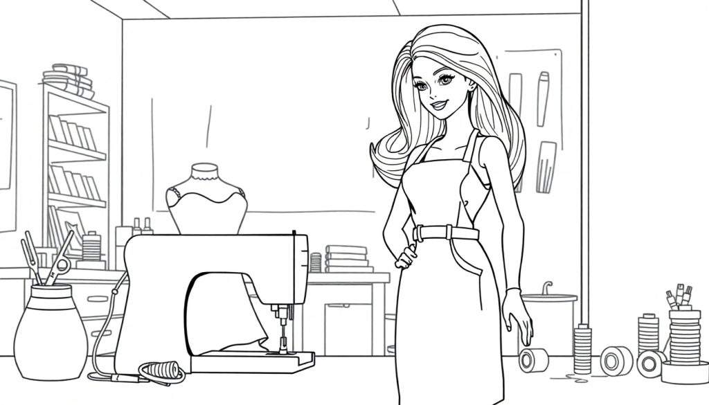 Zwart-witte kleurplaat van een glimlachende Barbie-achtige vrouw staand in een naaiatelier met een naaimachine, paspop, boeken en garen.