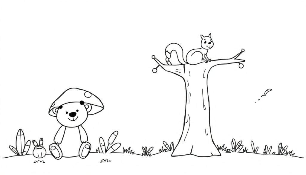 Kleurplaat met een beer met paddenstoel-hoed, een konijn, een boom met eekhoorn en bessen, en een vallend blaadje.